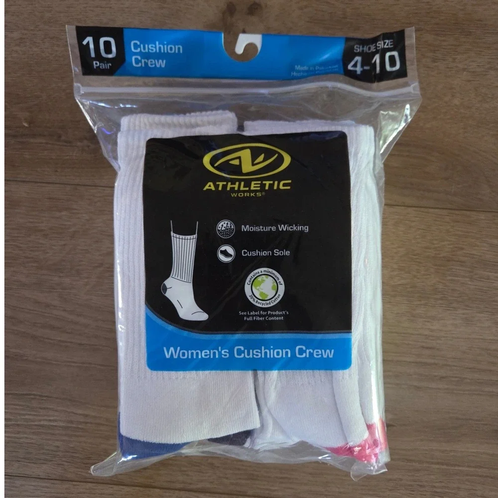 Athletic‎ Works Womens Cushion Crew Socks 10 Pair White Multi Shoe Size 4-10 NEW